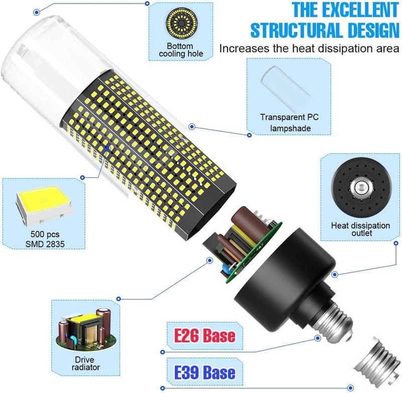 DuuToo 1000W Equivalent LED Corn Bulbs 13420Lumen 6000K Daylight White Lamp E26/E39 Medium Mogul Base 100W Large Area Lights 100-277V Commercial Industrial Lighting Garage Workshop Warehouse High Bay Fixture - Image 4